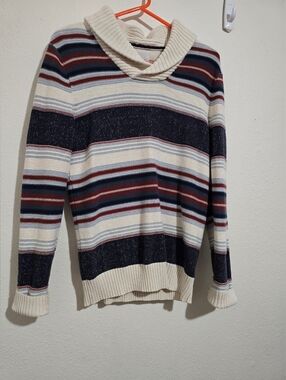 Sun + Stone Cream, Navy and Burgundy Striped Shawl Collar Sweater